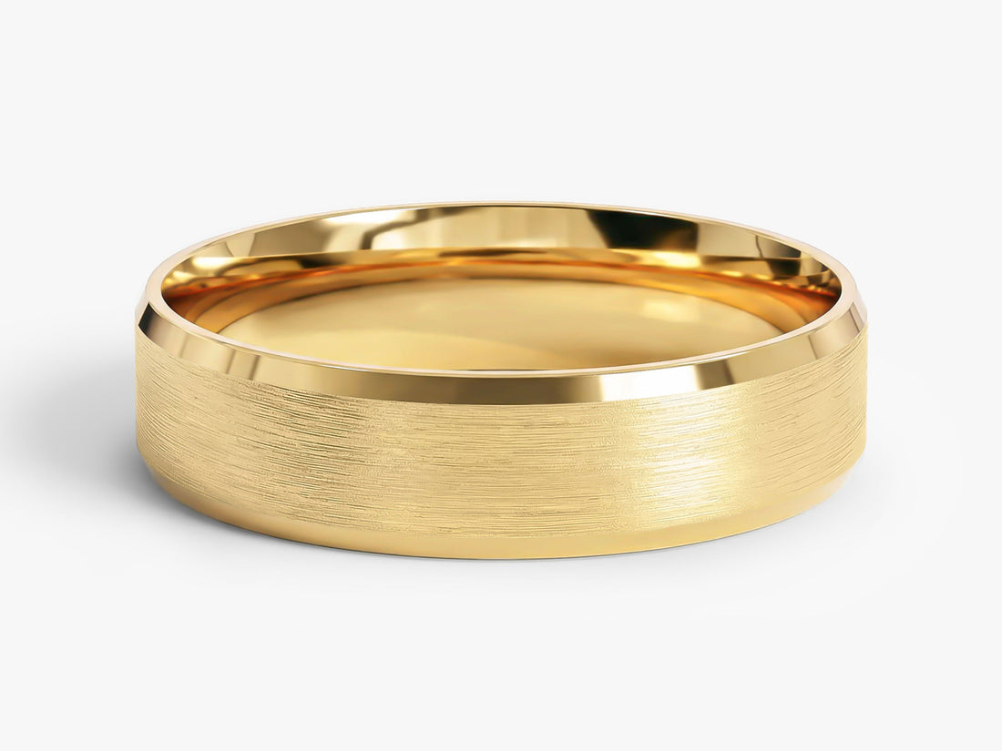 5mm beveled edge matte brushed wedding band in yellow gold