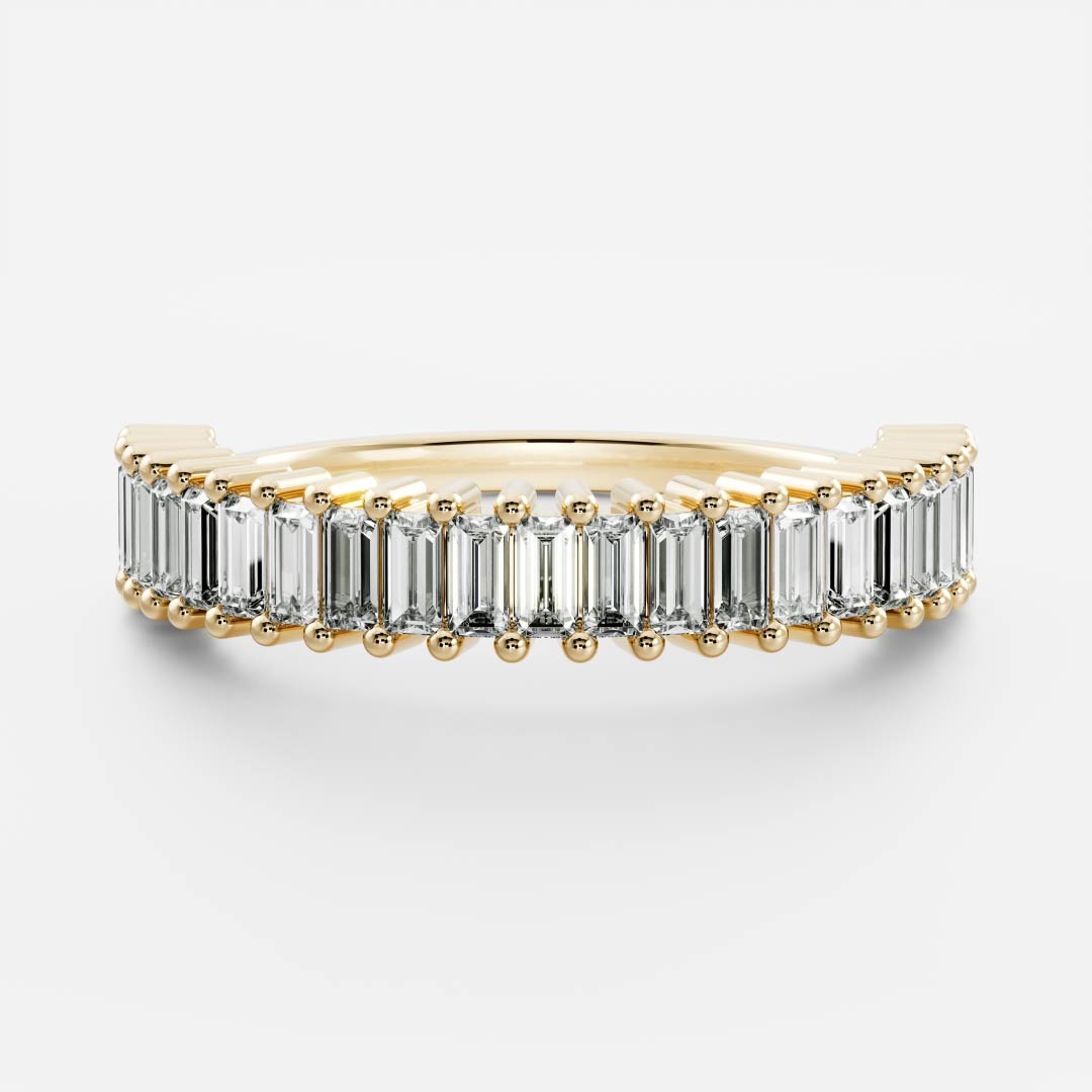 Baguette lab grown diamond half eternity wedding band in yellow gold, front view