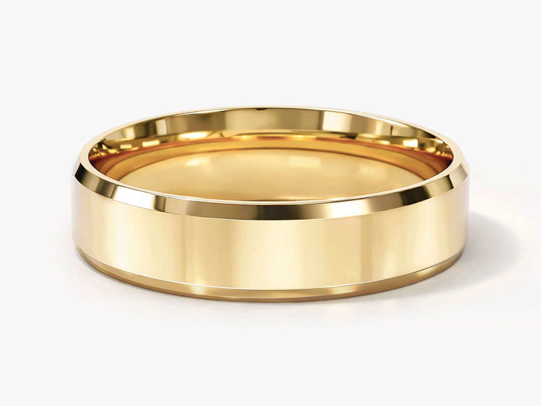 5mm beveled edge wedding band in yellow gold