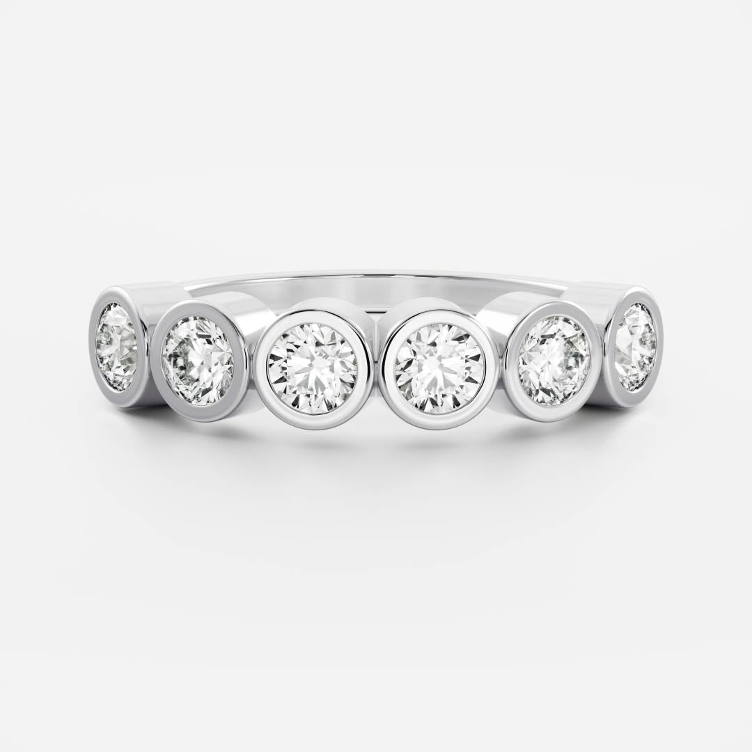 Round lab grown diamond bezel half eternity wedding band in white gold, front view