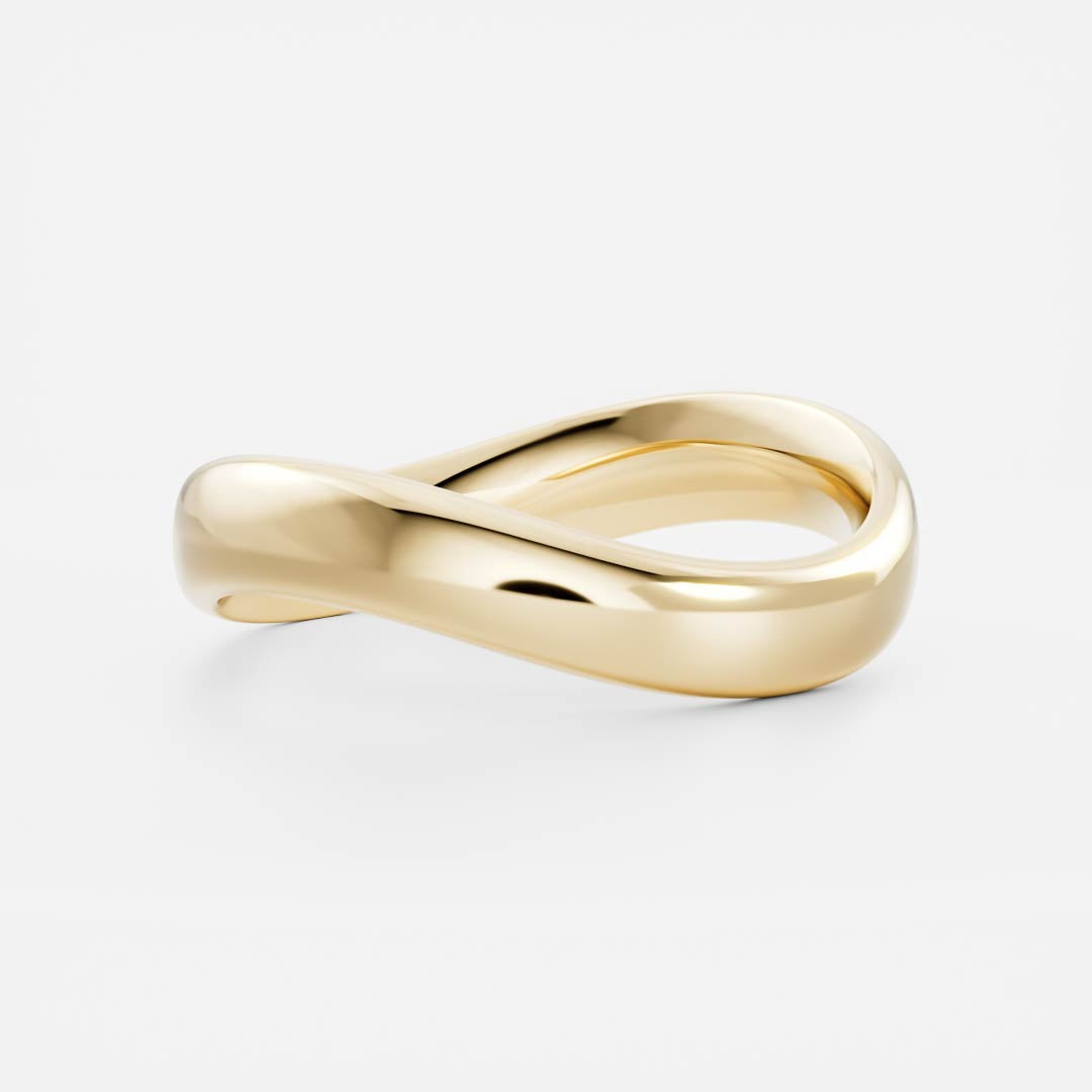 Plain curved wave wedding band in yellow gold, angled view