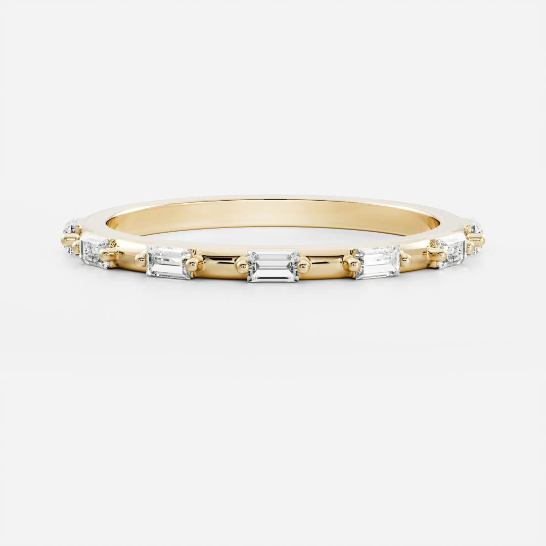 Baguette lab grown diamond east west half eternity wedding band in yellow gold, front view