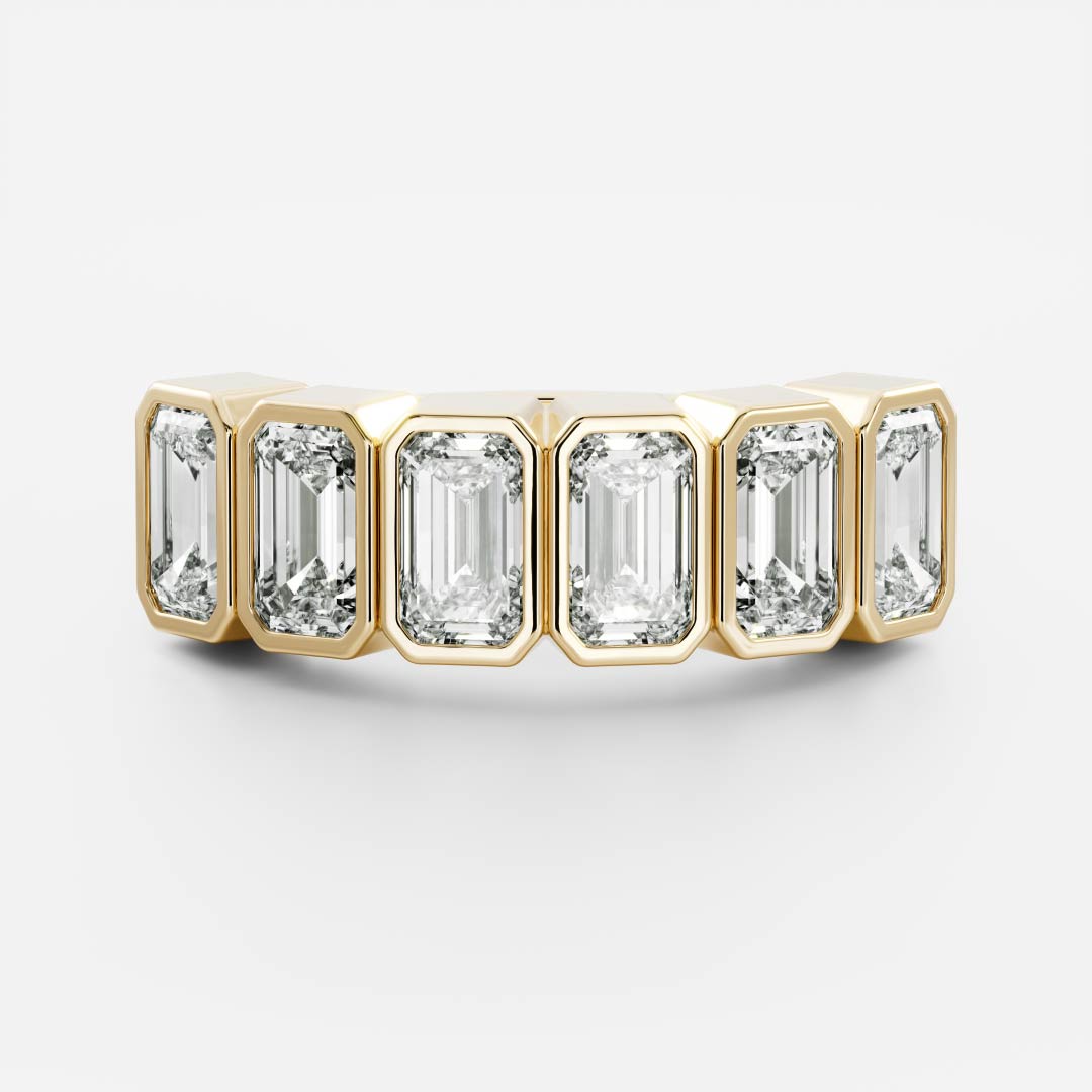 Emerald cut lab grown diamond bezel half eternity wedding band in yellow gold, front view