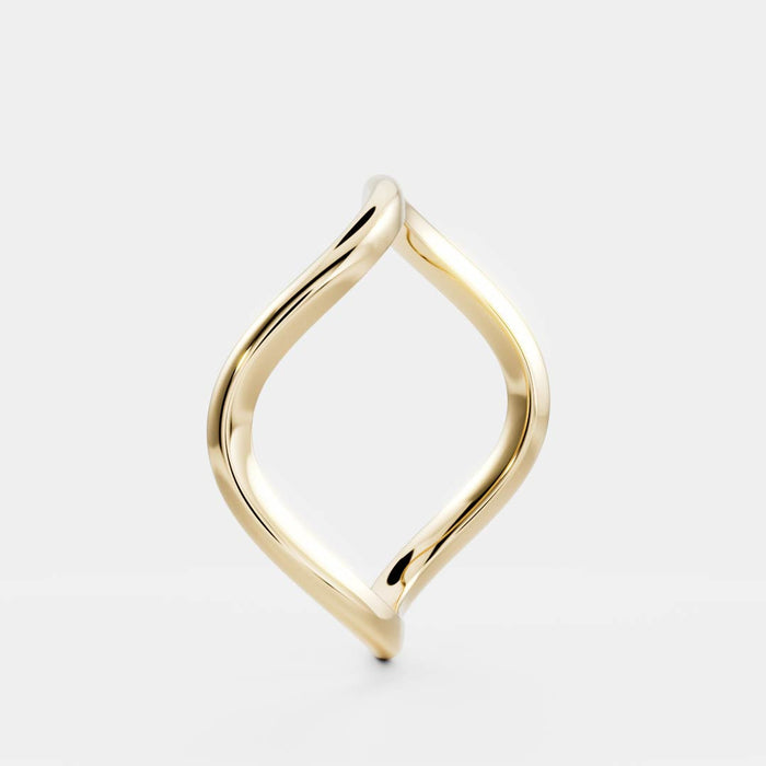 Plain curved wave wedding band in yellow gold, side view