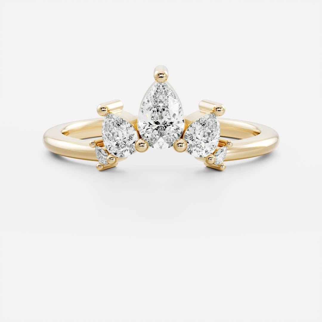 Pear lab grown diamond curved wedding band in yellow gold, front view