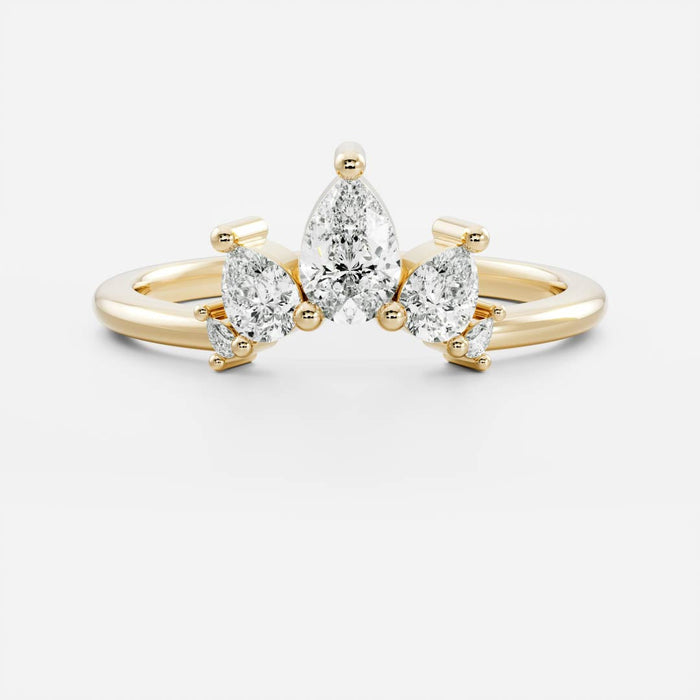 Pear moissanite curved wedding band in yellow gold, front view