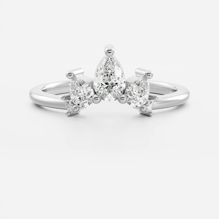 Pear moissanite curved wedding band in white gold, front view