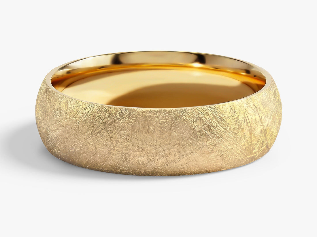 6mm dome wedding band with ice matte finish in yellow gold
