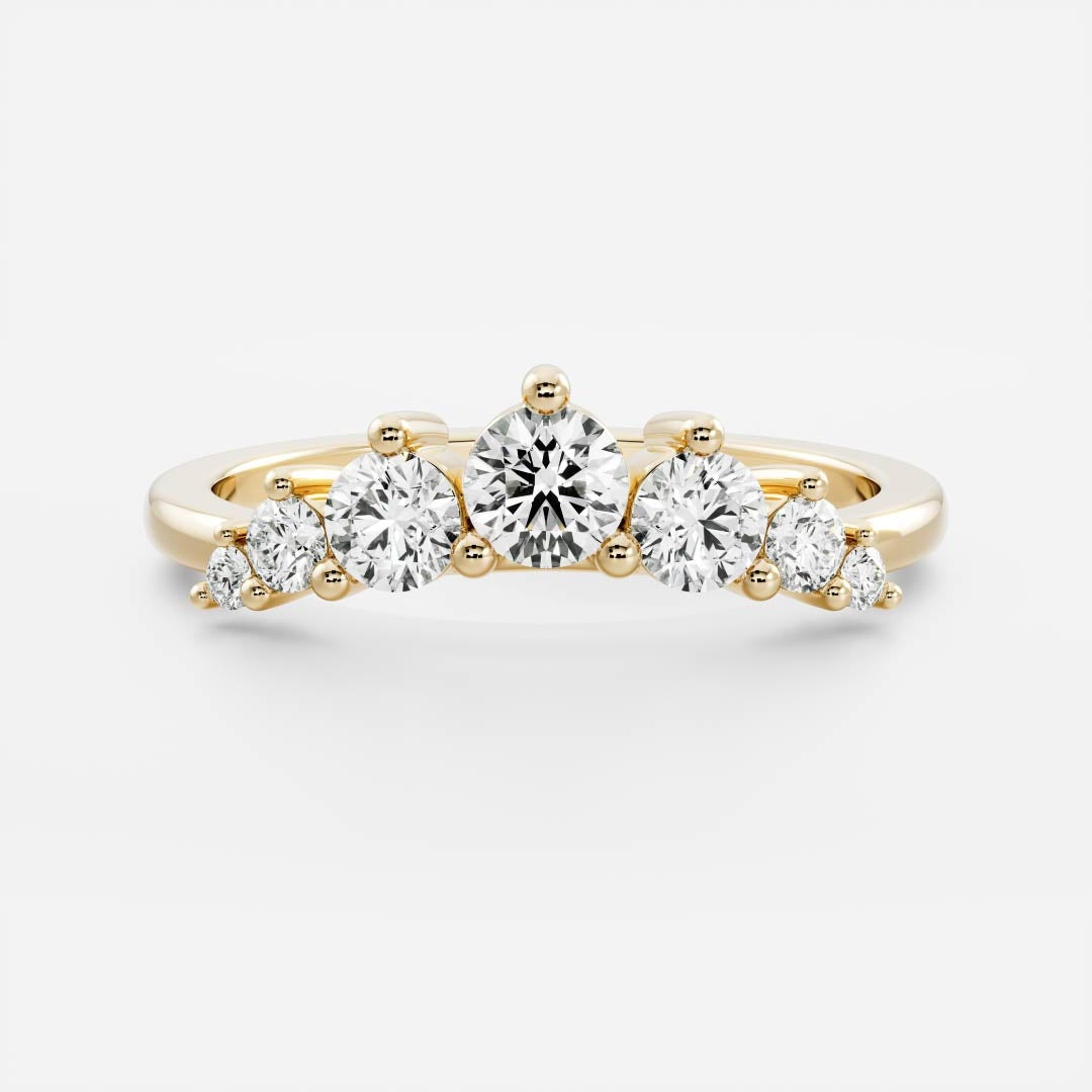 Round lab grown diamond curved wedding band in yellow gold, front view