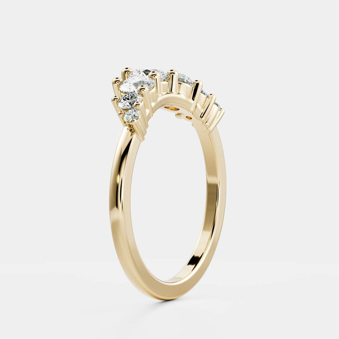 Round moissanite curved wedding band in yellow gold, side view
