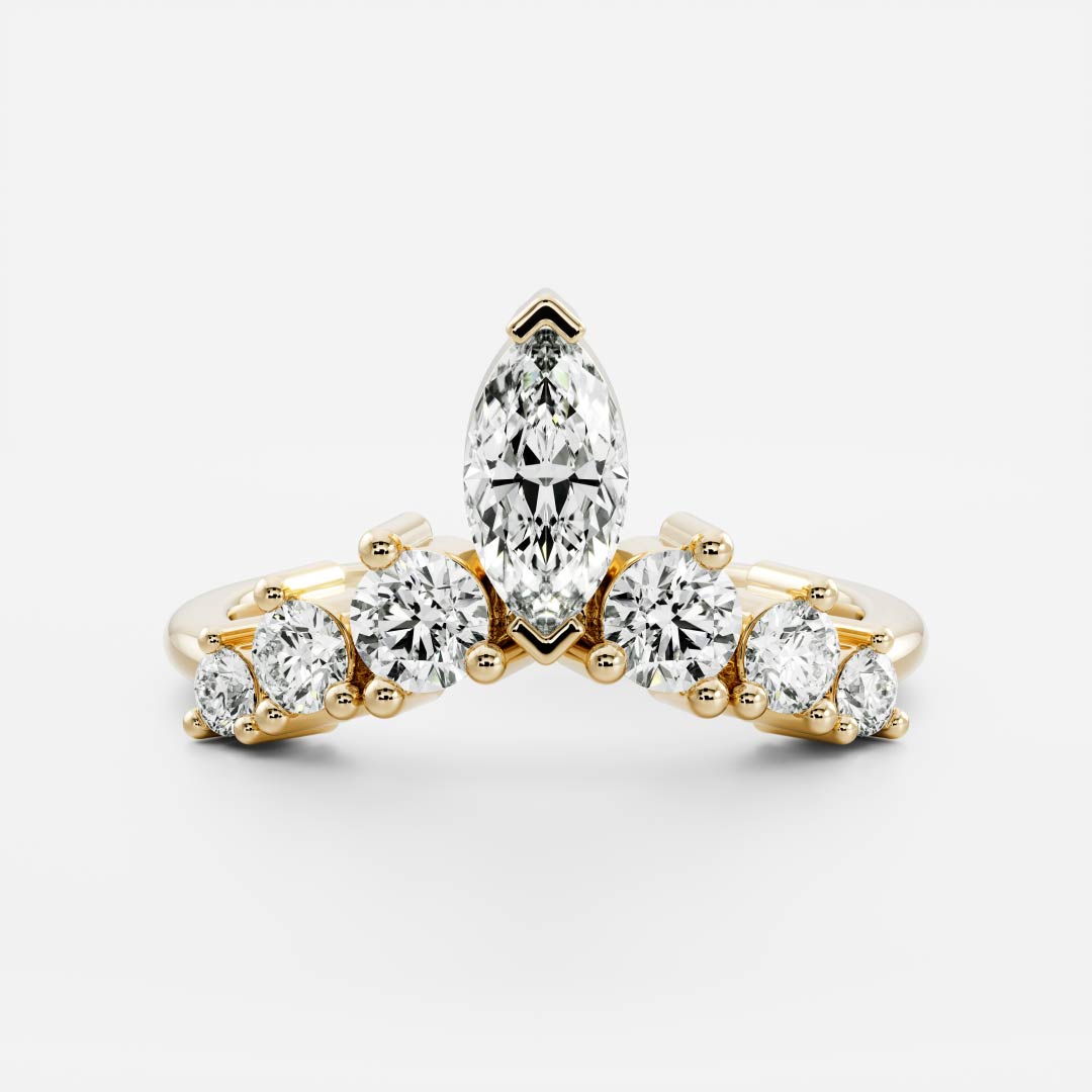 Marquise and round lab grown diamond curved wedding band in yellow gold, front view
