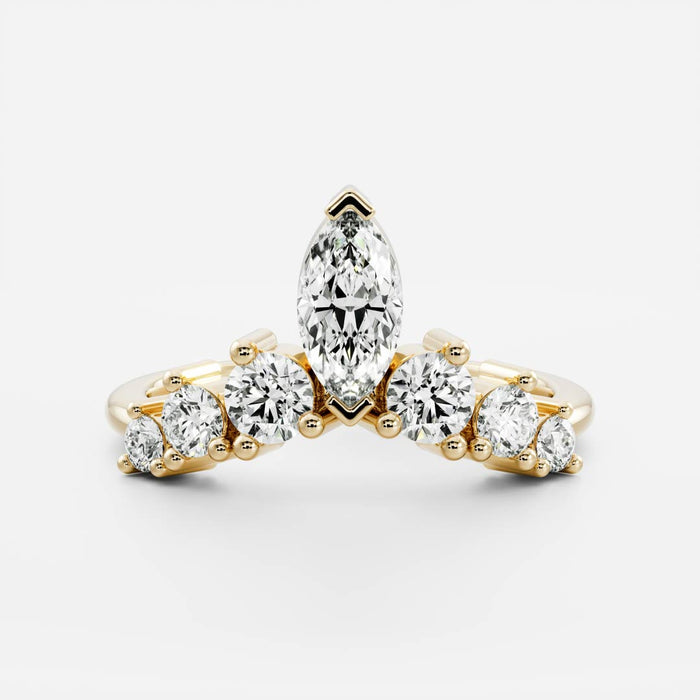 Marquise and round moissanite curved wedding band in yellow gold, front view