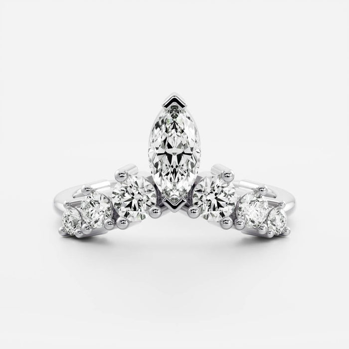 Marquise and round moissanite curved wedding band in white gold, front view