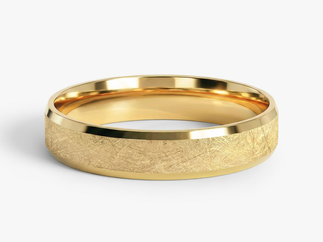 4mm beveled edge wedding band with ice matte finish in yellow gold
