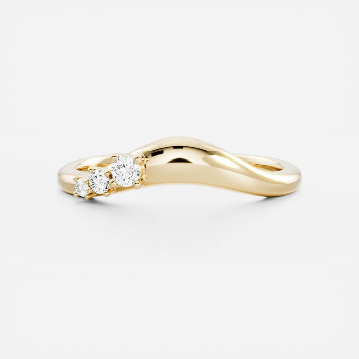 Round moissanite curved wedding band in yellow gold, front view