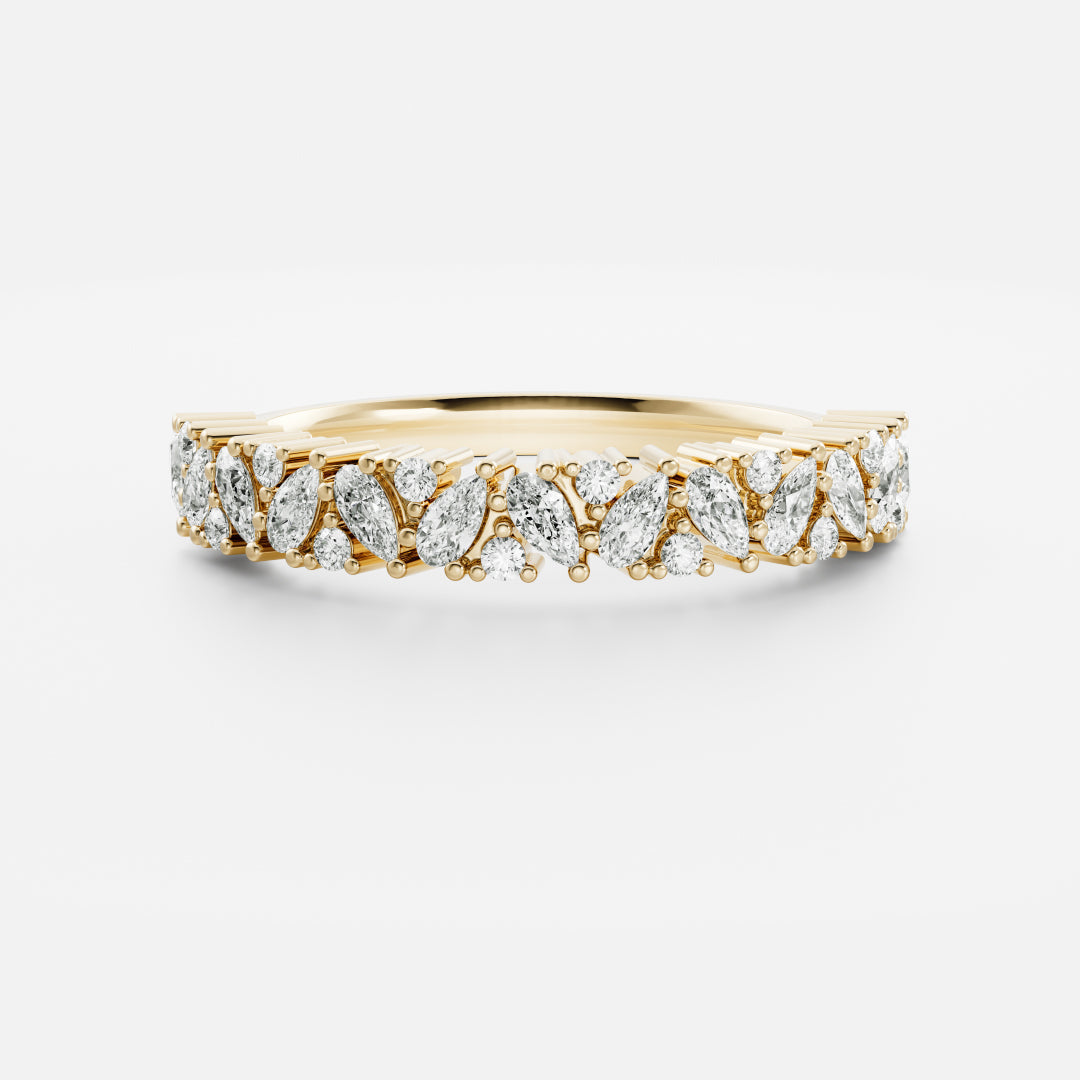 Pear and round lab grown diamond cluster wedding band in yellow gold, front view
