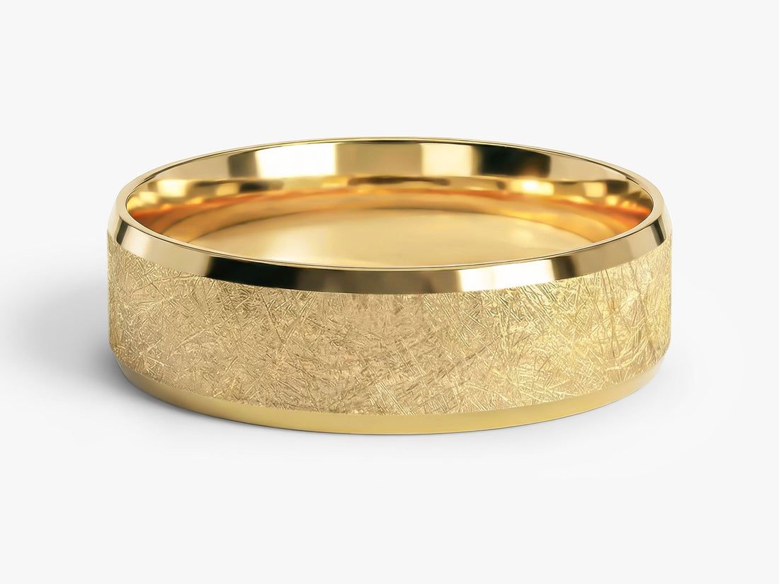 6mm beveled edge wedding band with ice matte finish in yellow gold