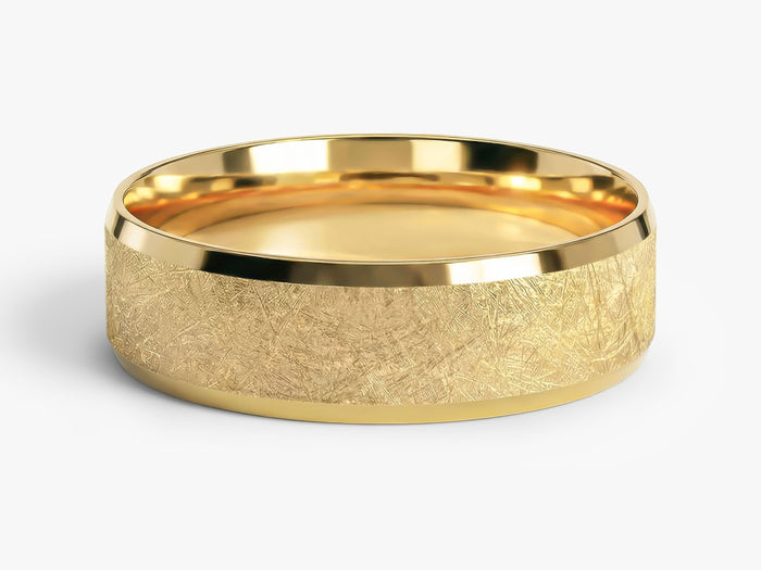 6mm beveled edge wedding band with ice matte finish in yellow gold