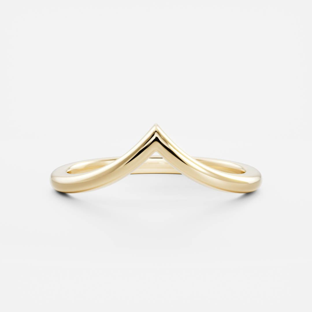 Plain curved V shaped wedding band in yellow gold, front view
