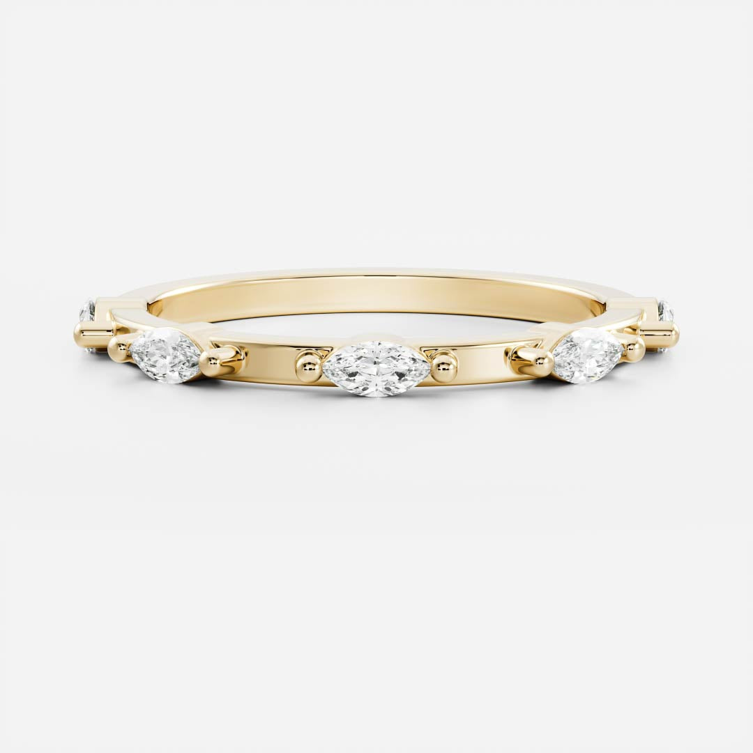 Marquise lab grown diamond dainty wedding band in yellow gold, front view