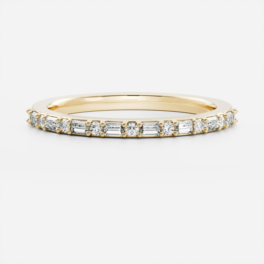 Baguette and round lab grown diamond half eternity band in yellow gold, front view