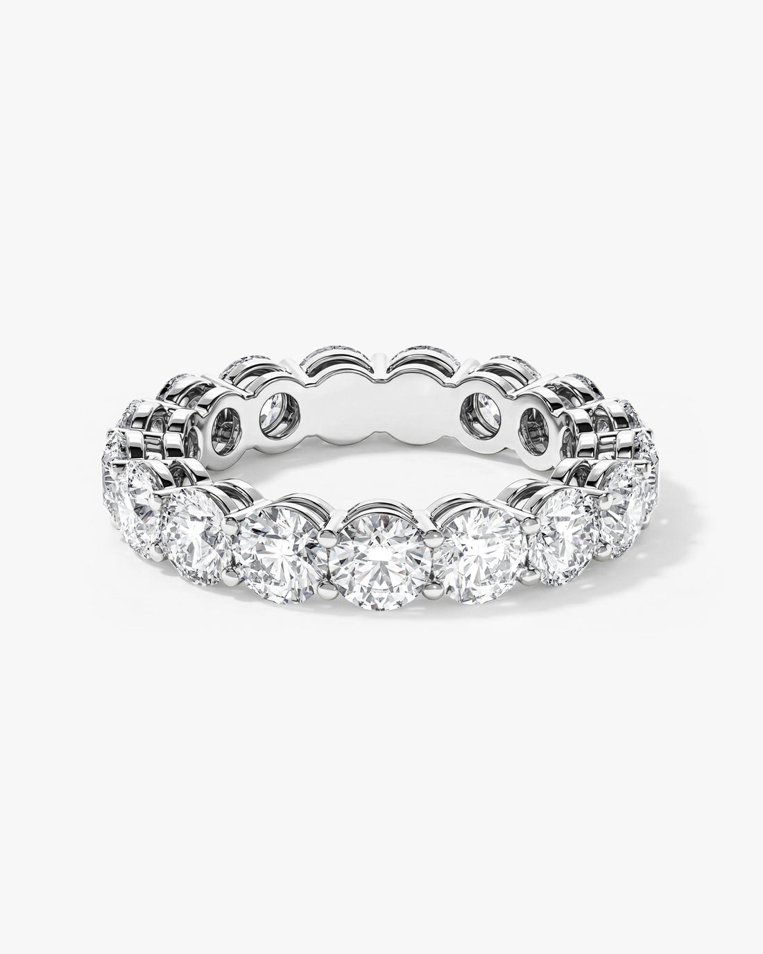 4.00 carat round moissanite shared prong eternity wedding band in white gold