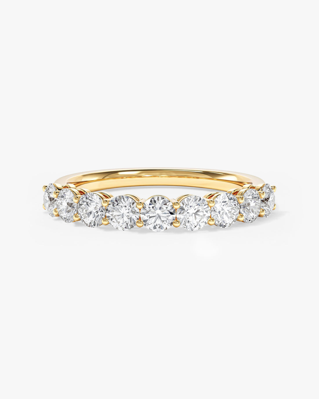 3mm round moissanite shared prong half eternity wedding band in yellow gold