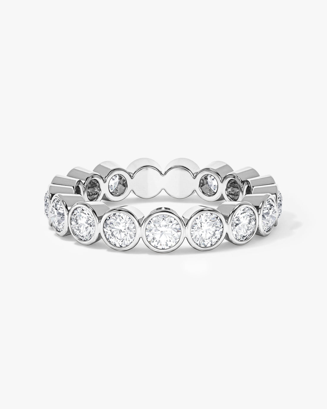 Round moissanite bezel eternity wedding band in white metal, front view