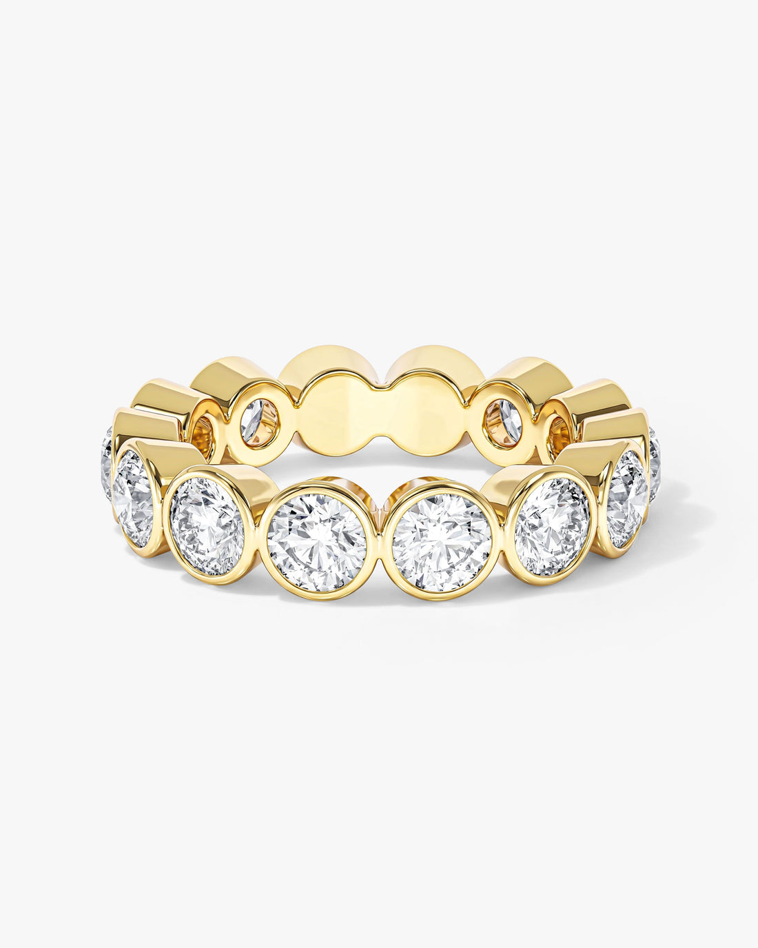 Round moissanite bezel eternity wedding band in yellow gold, front view