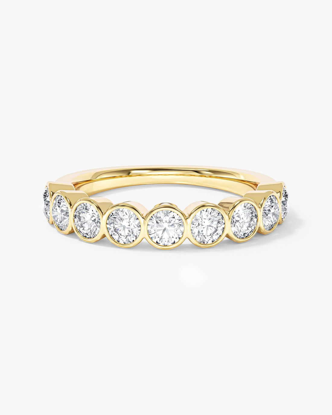 Round moissanite bezel half eternity wedding band in yellow gold, front view