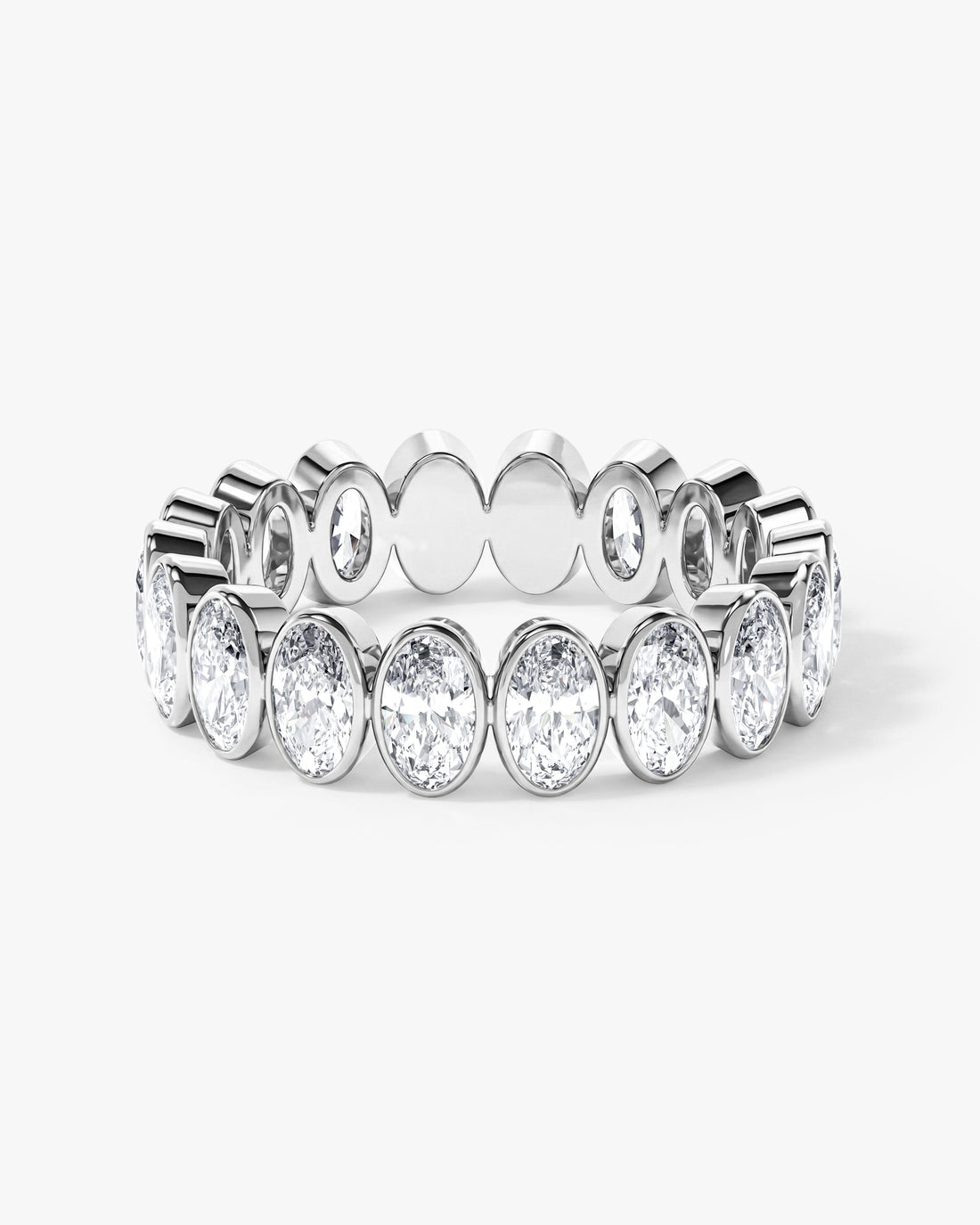 Oval moissanite bezel eternity wedding band in white metal, front view