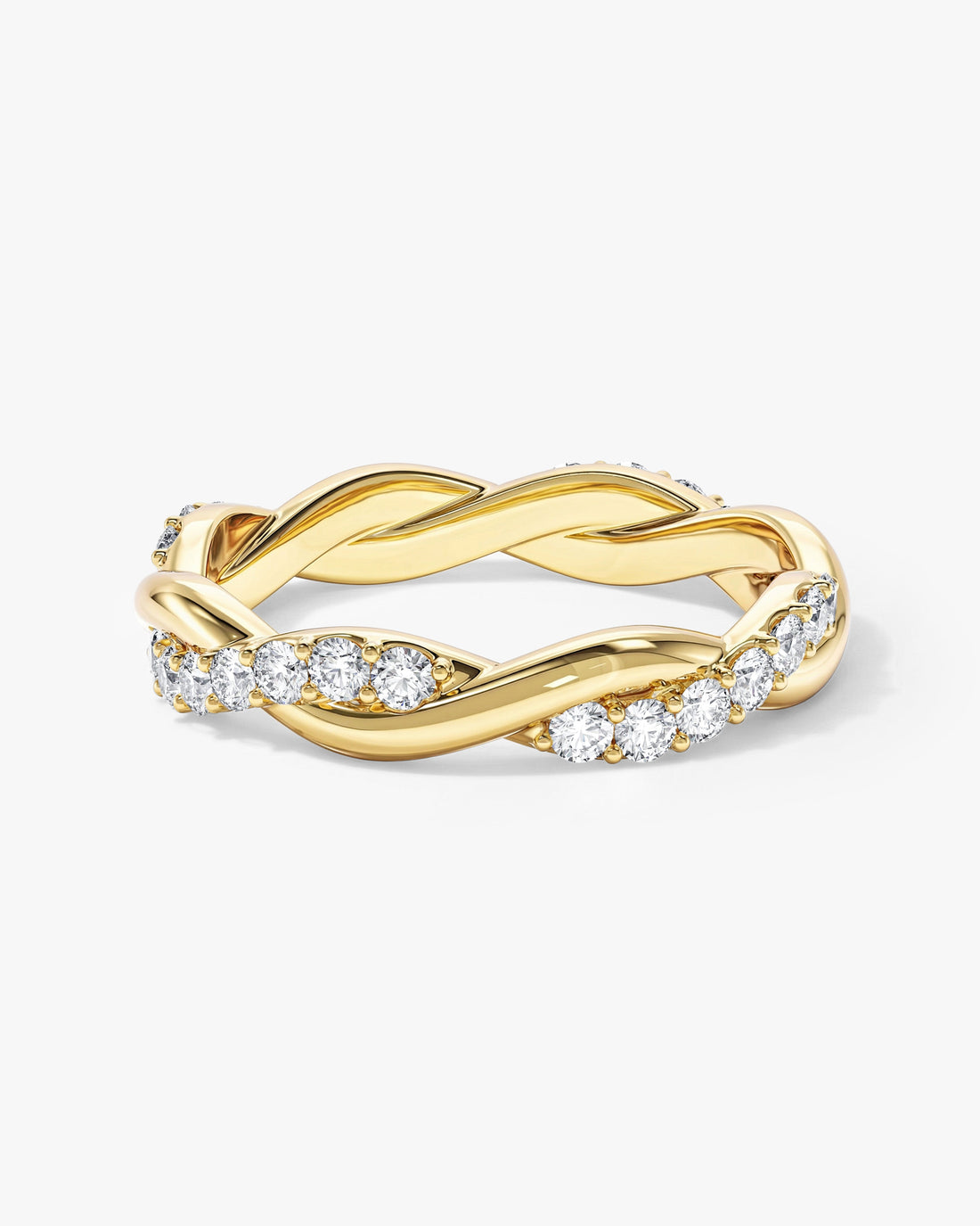 Round moissanite twisted vine eternity wedding band in yellow gold, front view