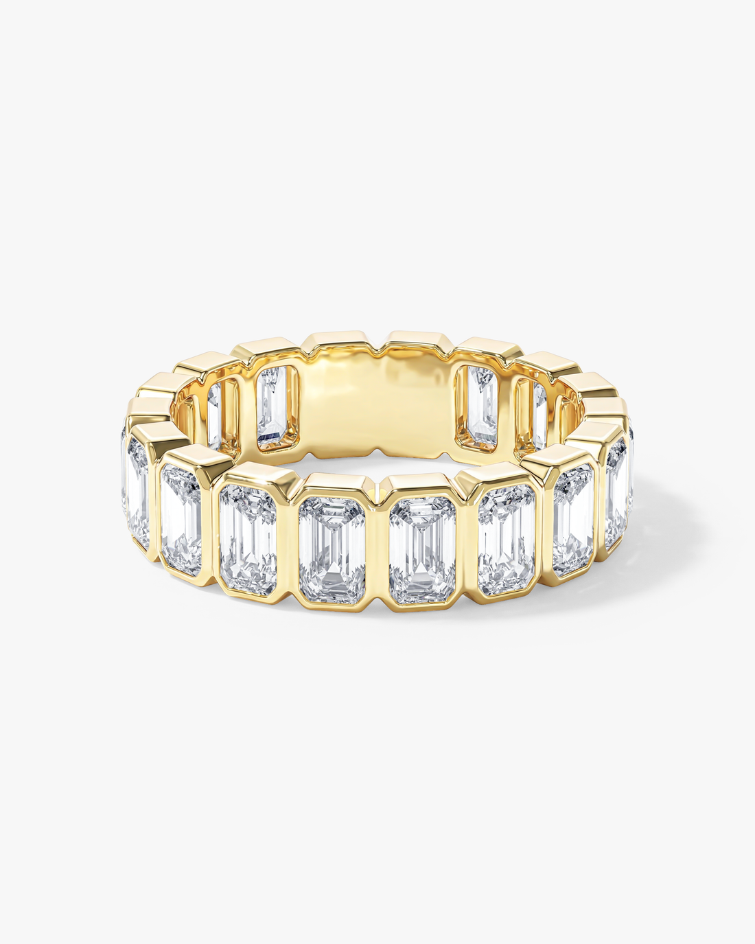 Emerald moissanite bezel eternity wedding band in yellow gold, front view