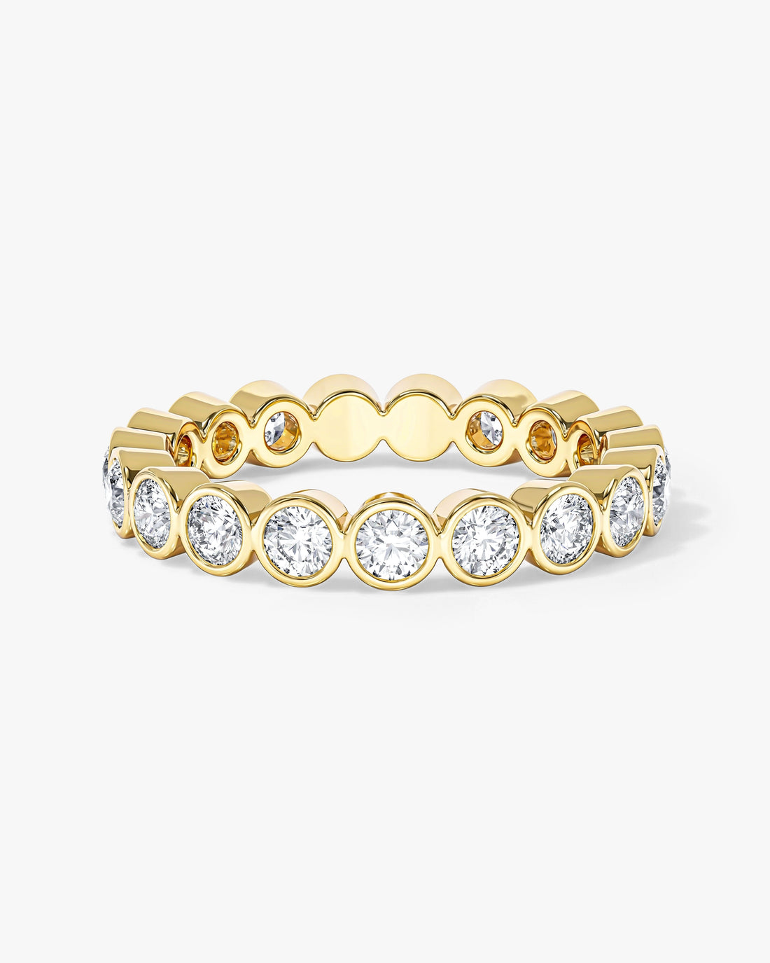 Round moissanite bezel eternity wedding band in yellow gold, front view