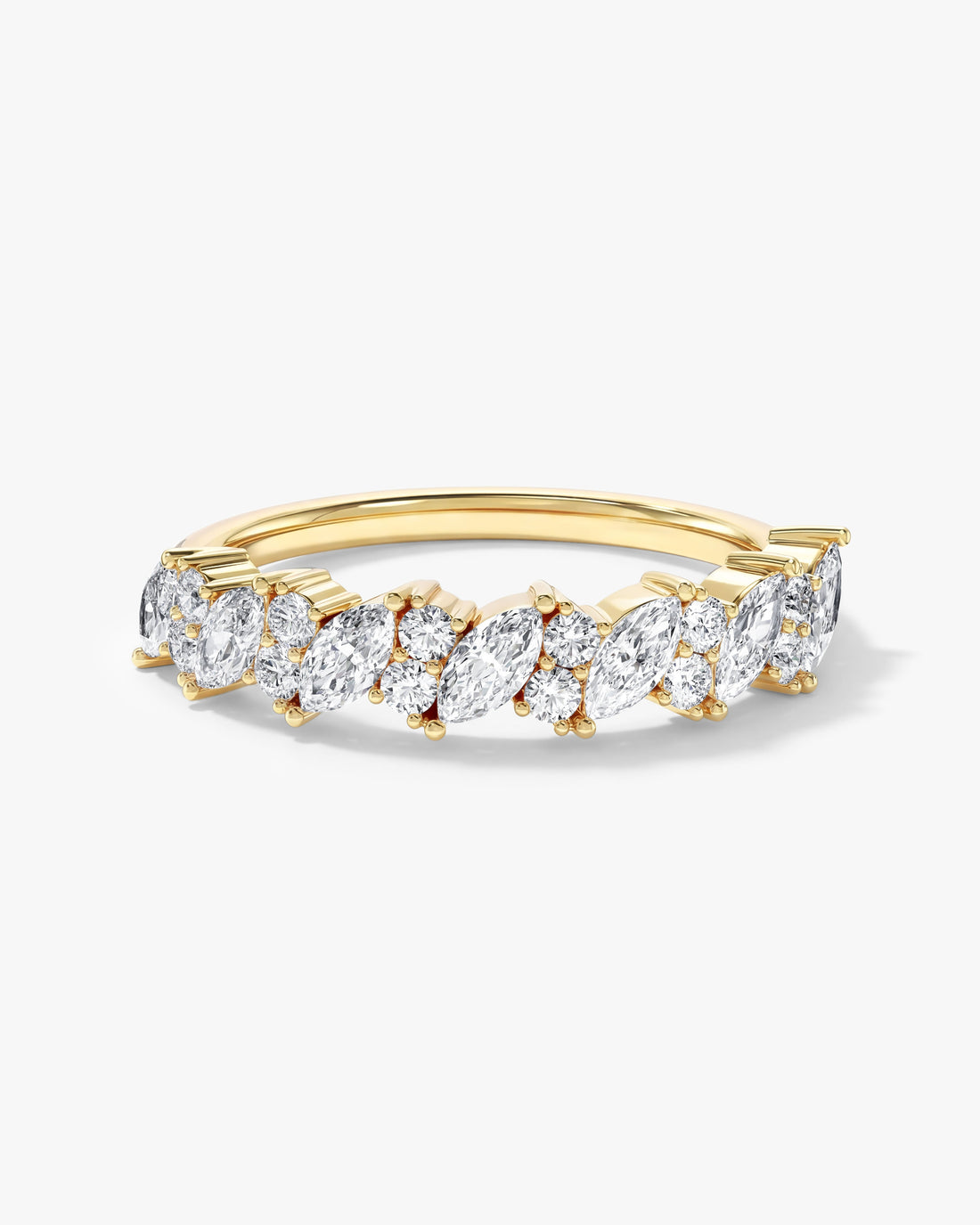 Marquise moissanite bloom cluster wedding band in yellow gold, front view