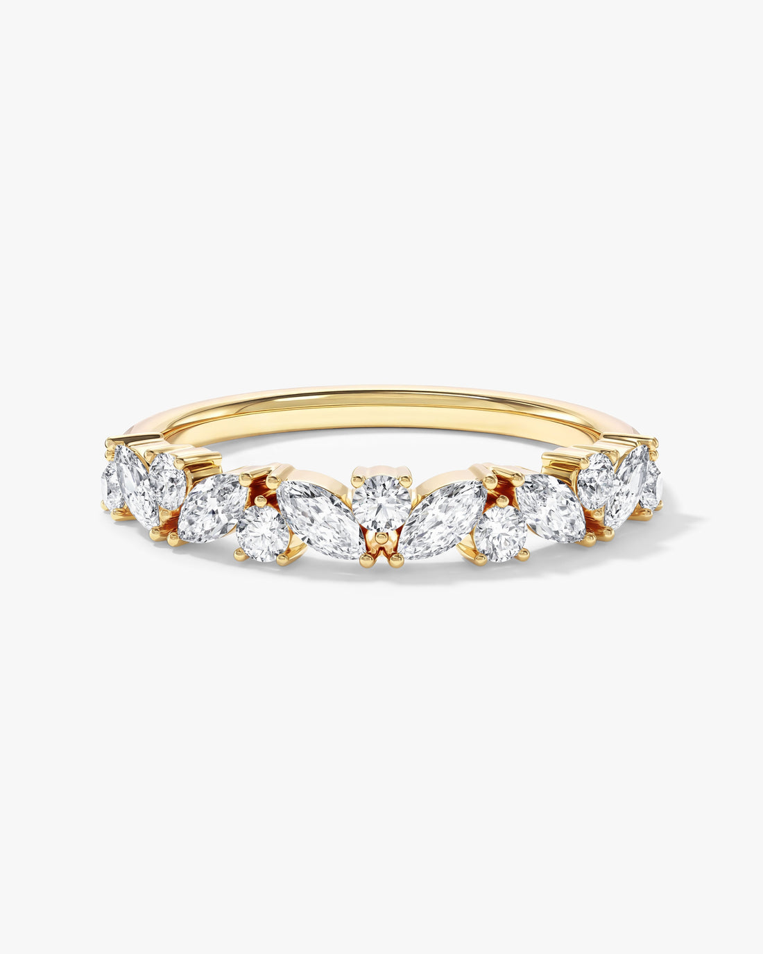 Marquise moissanite bloom wedding band in yellow gold, front view