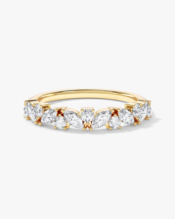 Marquise moissanite bloom wedding band in yellow gold, front view