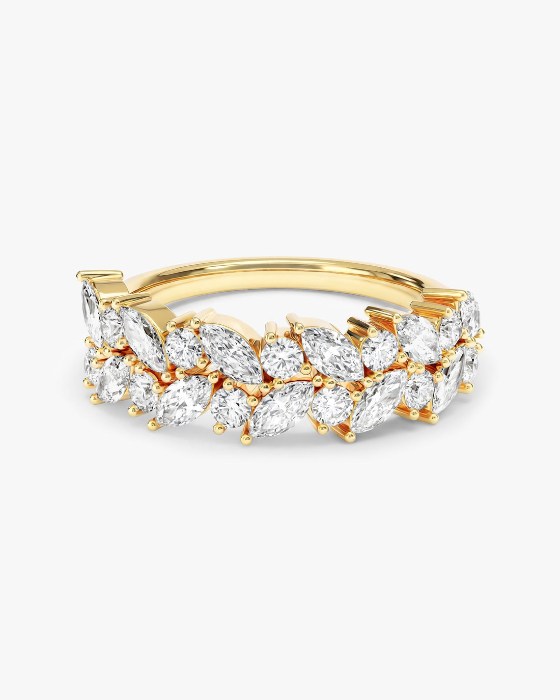 Marquise moissanite Celestia double row wedding band in yellow gold, front view