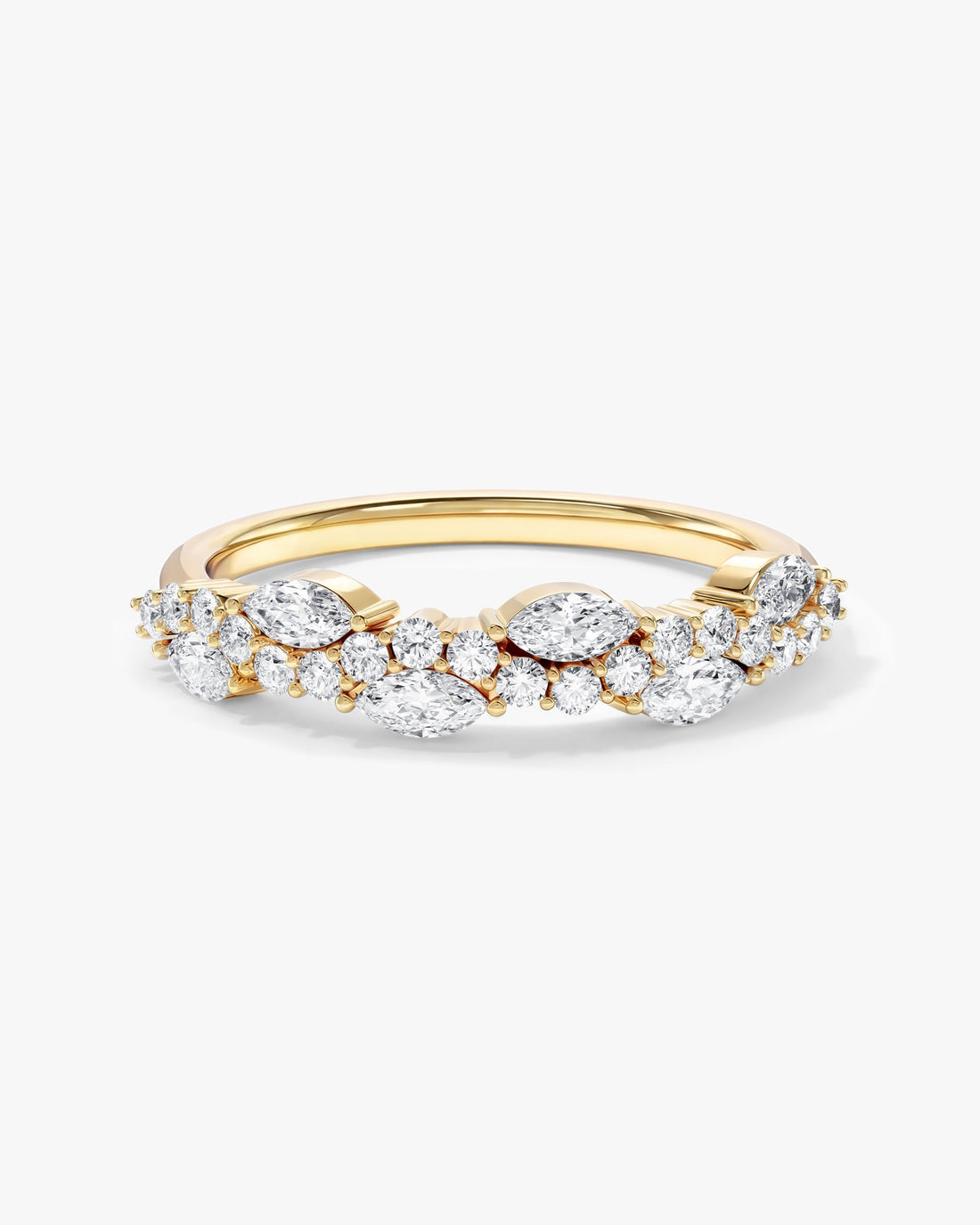 Marquise moissanite vine wedding band in yellow gold, front view