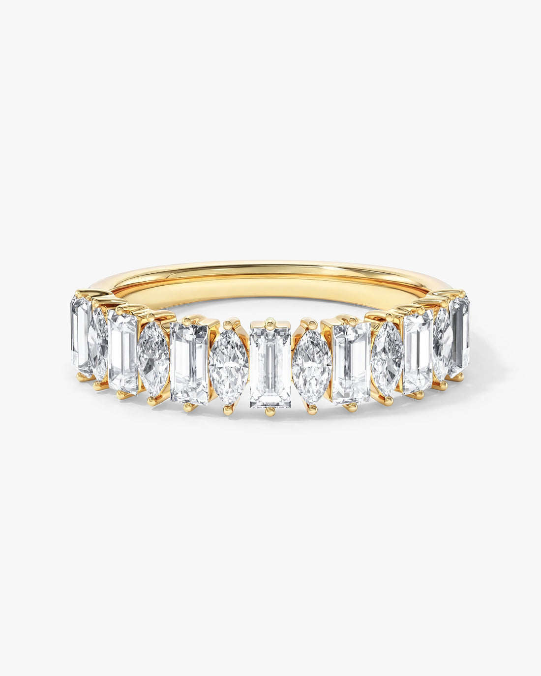 Baguette and marquise moissanite pillar wedding band in yellow gold, front view