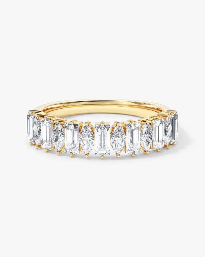 Baguette and marquise moissanite pillar wedding band in yellow gold, front view
