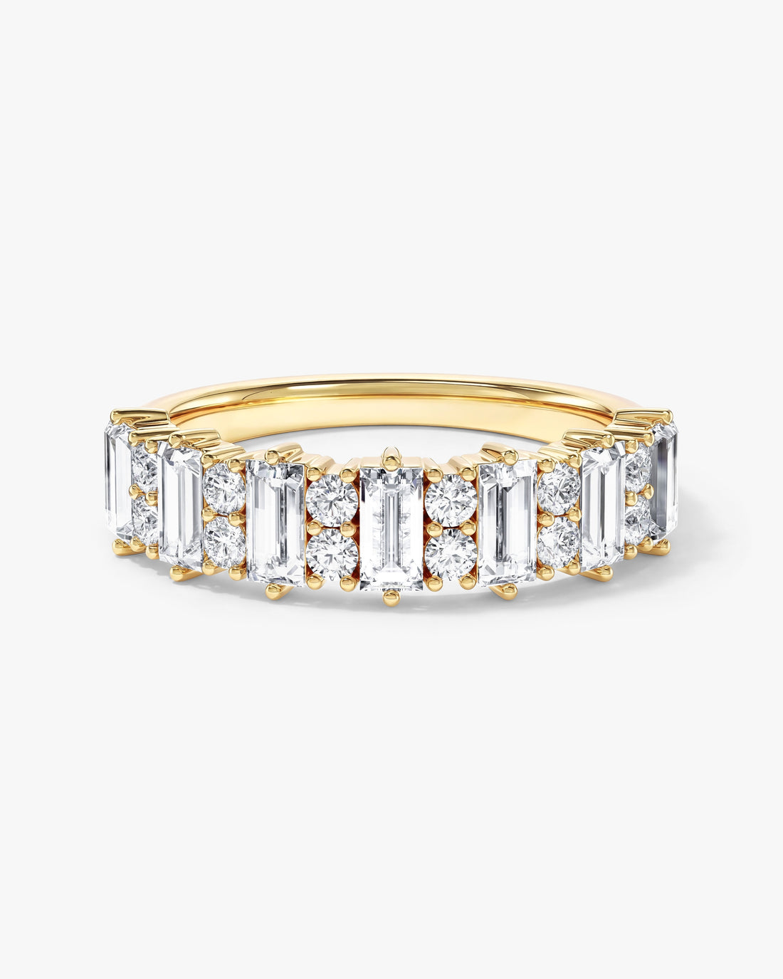 Baguette moissanite pillar wedding band in yellow gold, front view