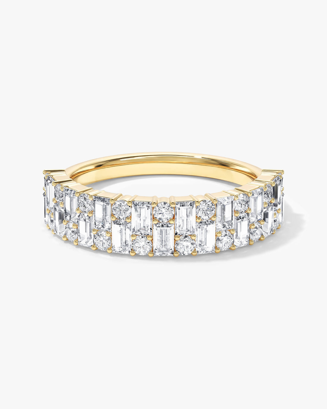 Baguette moissanite double row wedding band in yellow gold, front view