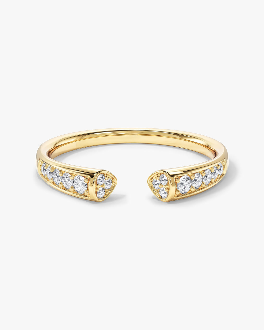 Round moissanite milgrain open wedding band in yellow gold, front view