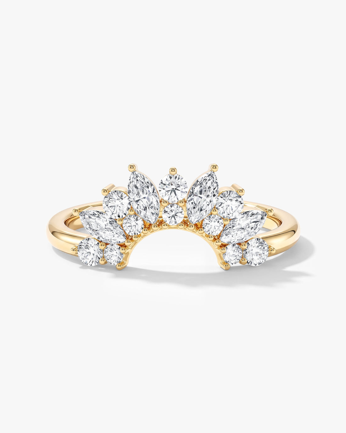 Marquise and round moissanite arched crown wedding band in yellow gold