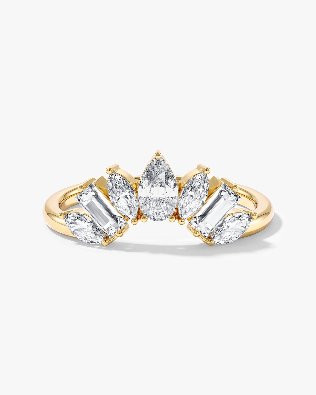 Pear, baguette and marquise moissanite arched crown wedding band in yellow gold