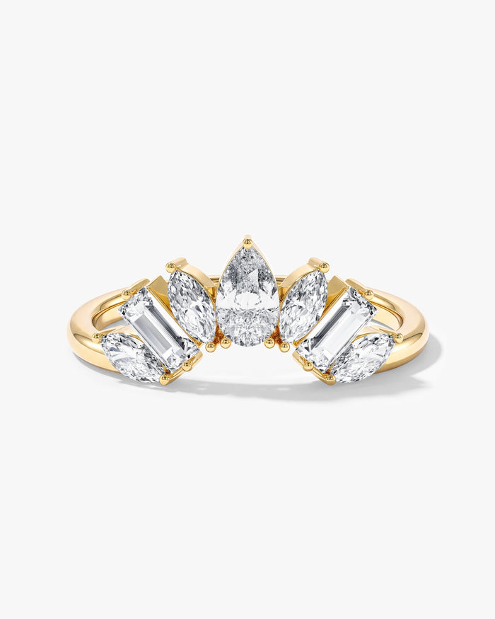 Pear, baguette and marquise moissanite arched crown wedding band in yellow gold