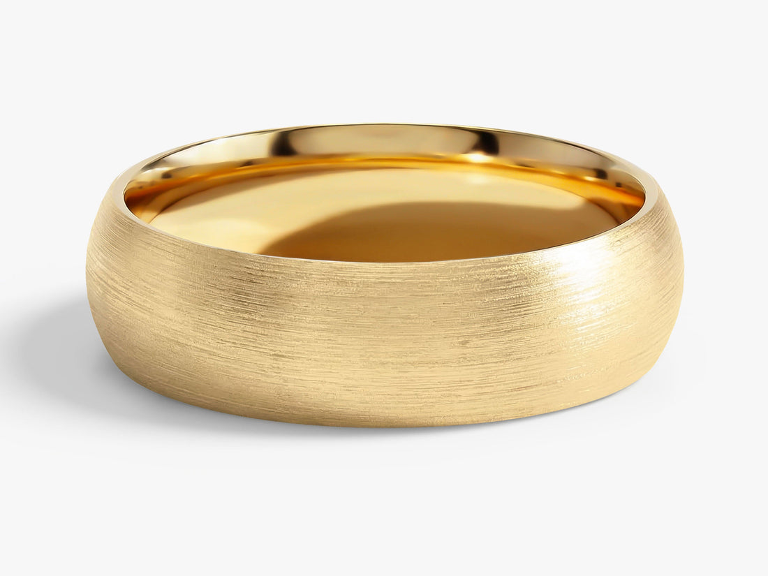6mm classic dome matte brushed wedding band in yellow gold, front view