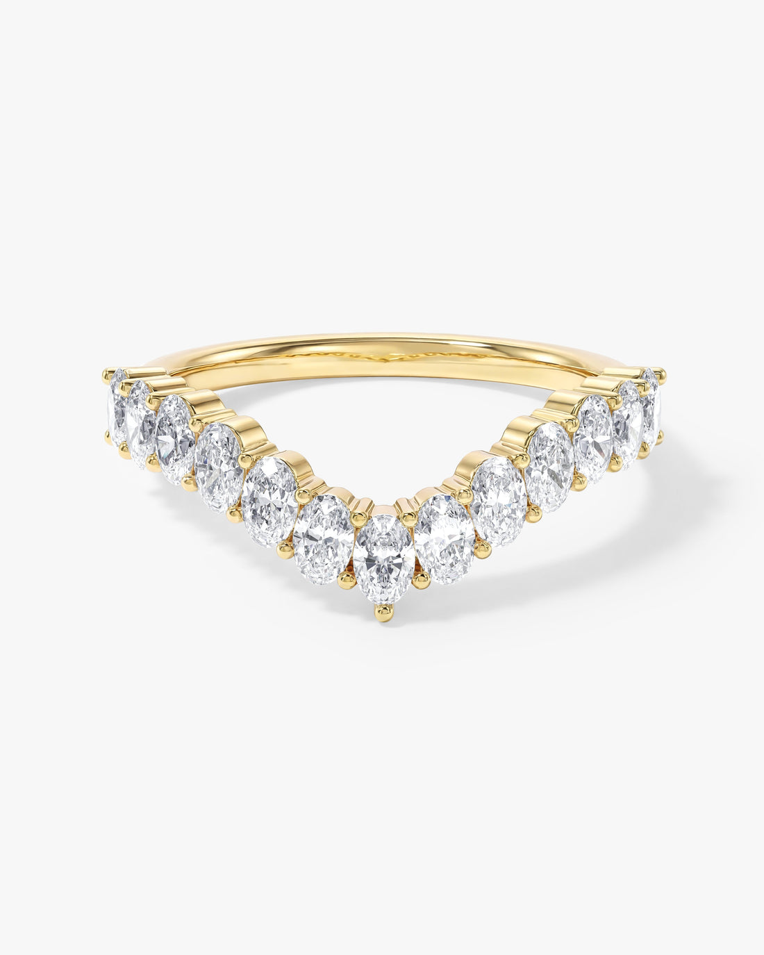 Harmony oval moissanite V-shaped curved nesting wedding band in yellow gold, front view