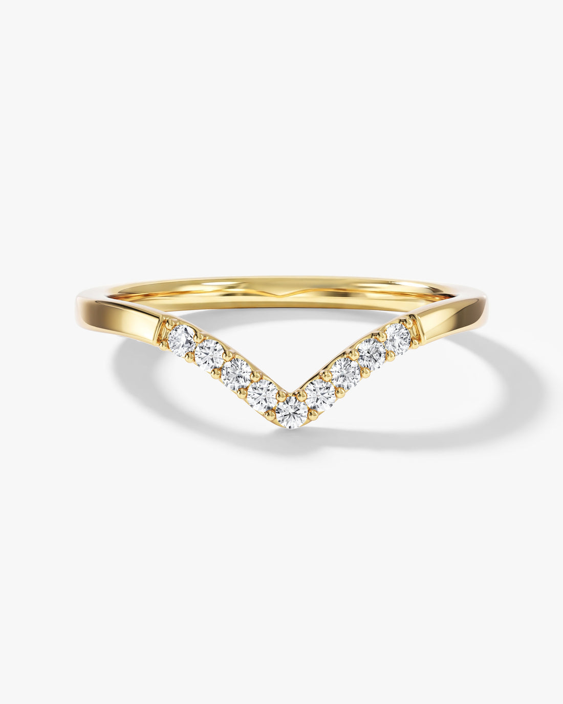 Round moissanite nine stone curved wedding band in yellow gold, front view